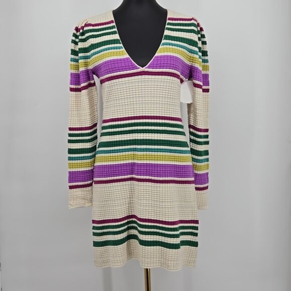 FREE PEOPLE Striped Ivory V Neck Gidget Sweater Dress Green Purple Size Small - Picture 6 of 13